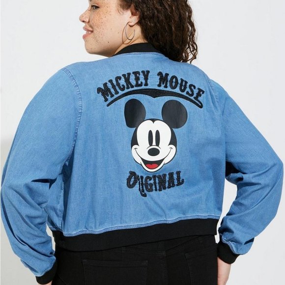 ❤️NWT VINTAGE TORRID DISNEY CROP BOMBER JACKET - MICKEY MOUSE DENIM AMERICANA - Picture 1 of 10